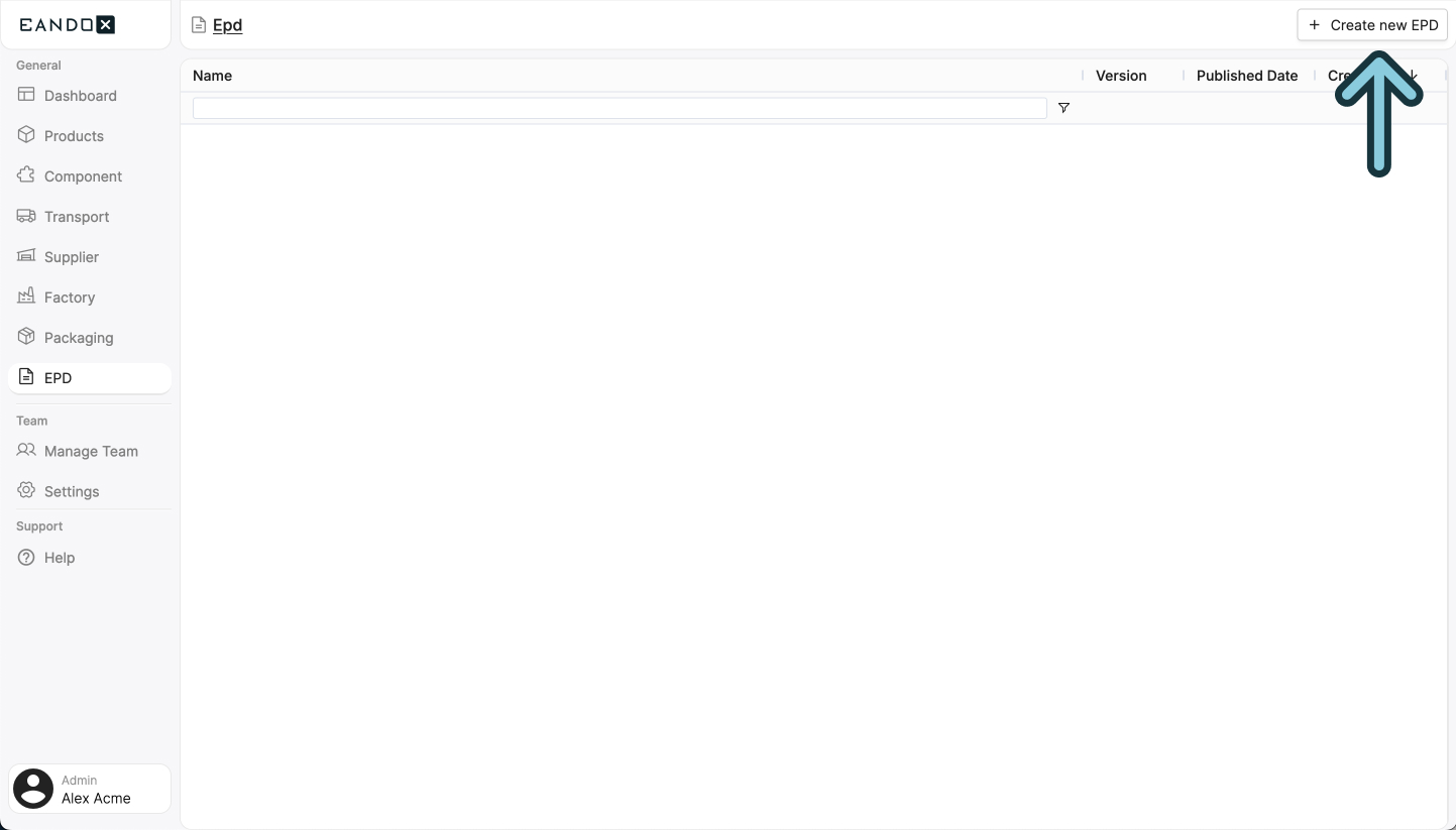 Image of the EPD page with the create EPD button