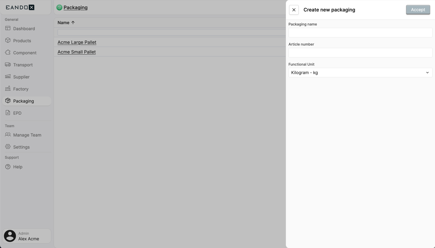 Image of the packaging creation sidepanel