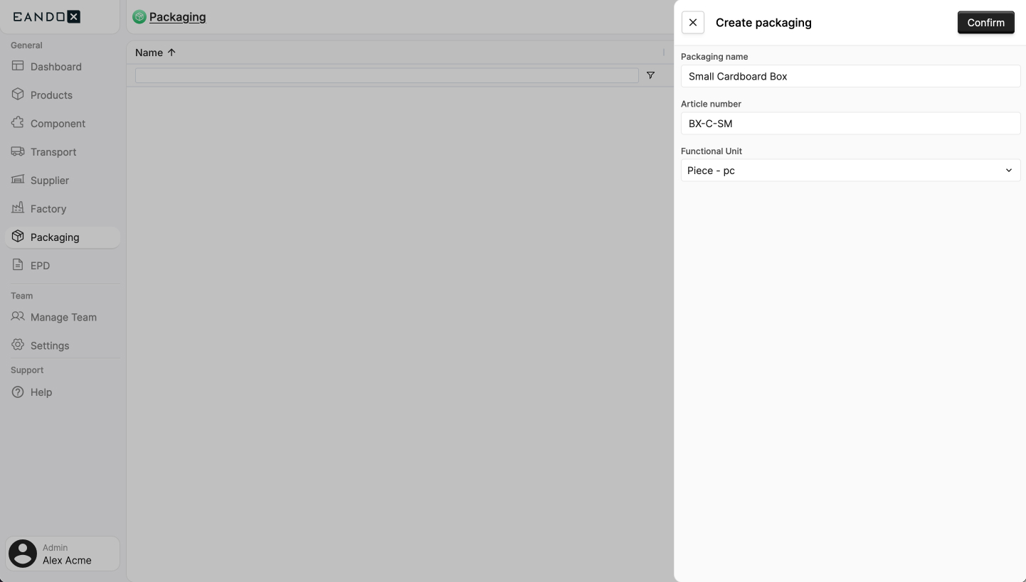 Image of the packaging creation sidepanel