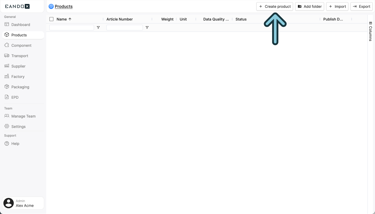 Image of the products page with the create product button