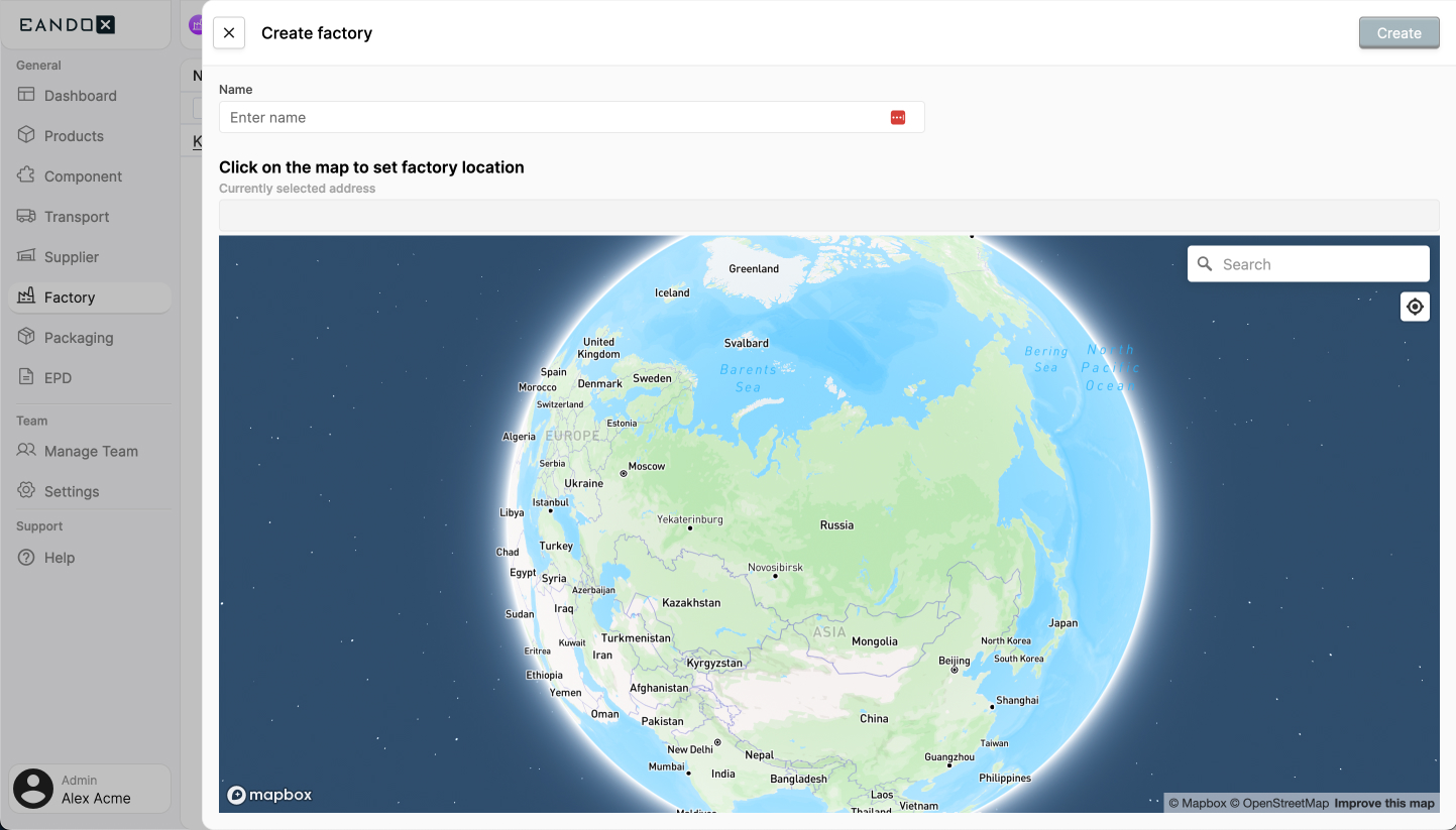 Image of the factory creation sidepanel