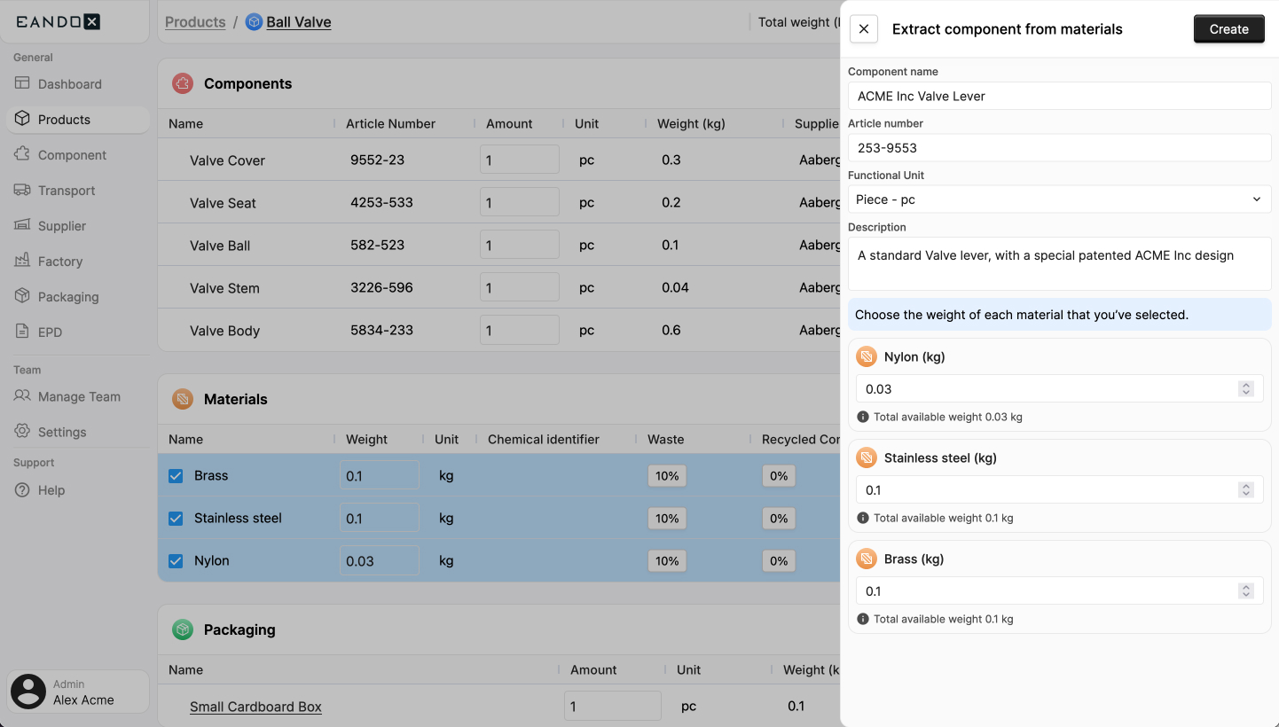 Image of the component creation sidepanel
