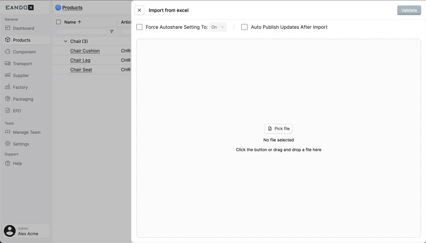 Import products sidepanel