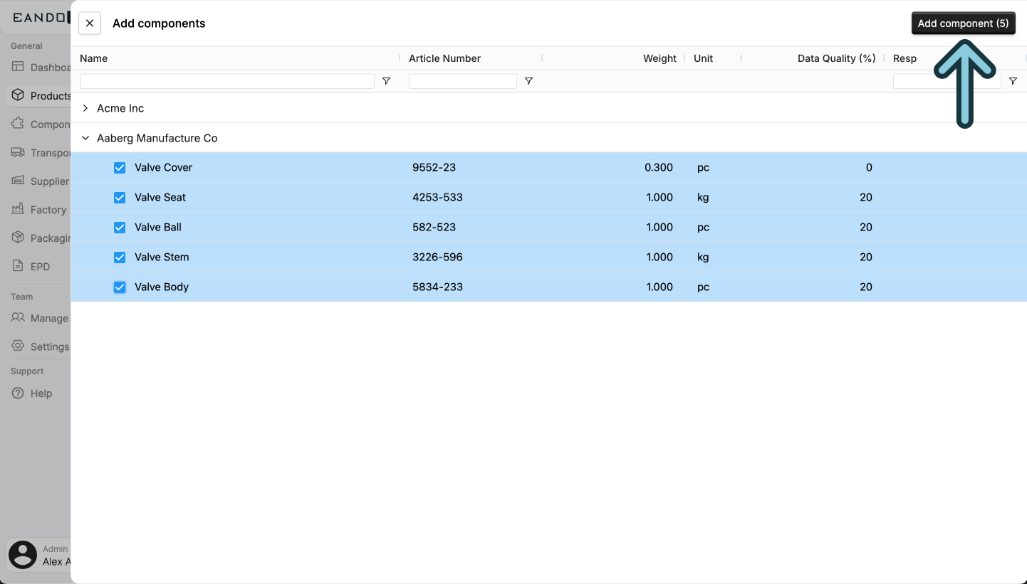 image of the components modal