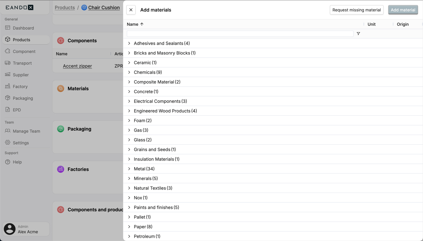 Image of the materials modal